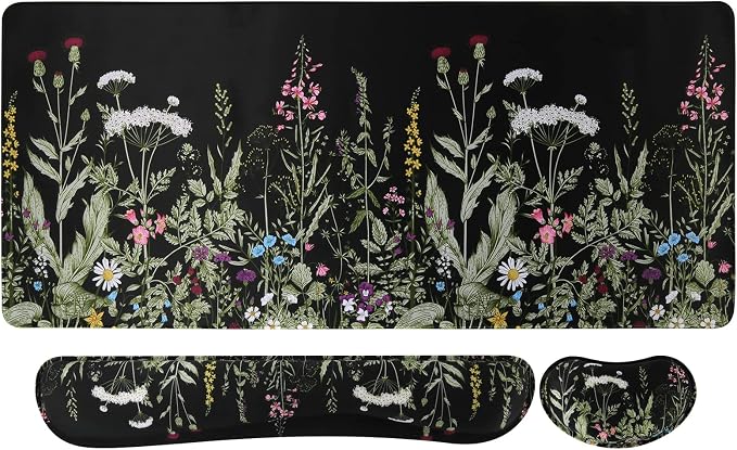 iCasso Large Mouse pad for Desk, Computer Desk Mat, 3Pcs XXL Keyboard and Mouse Pad + Keyboard Wrist Rest, Desk Matt for Desktop, Easy Typing Pain Relief Ultra Thick Mousepad Keyboard Mat(Weeds)