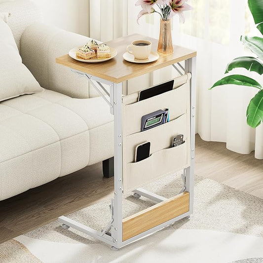 Folding TV Tray Table, 28.8" Tall C-Shaped Side Table for Couch and Bed, Slide Under Sofa Side Desk with Storage Bag - Sturdy Metal Frame Tray for Living Room, Bedroom, Home & Office (Light Walnut)