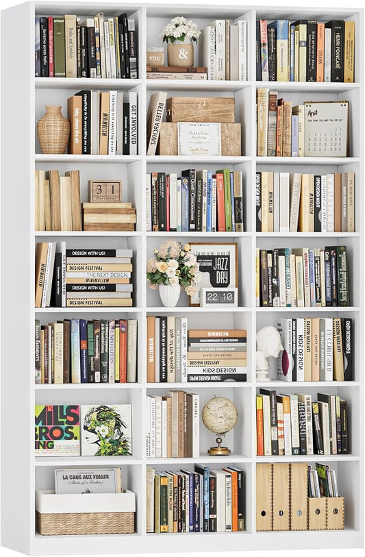 HOSTACK 86" H Triple Wide Bookshelf and Bookcase, 7 Tier Tall Bookshelf with Storage, Large Bookcase with 21 Open Display Storage Shelves, Wood Book Shelf Media CD DVD Storage for Living Room, White