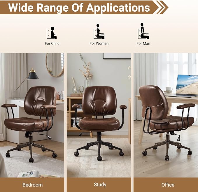 Ergonomic Home Office Chair, Mid-Century Faux Leather Home Office Desk Chairs with Wheels, Office Computer Chair with Rocking Swivel (Coffee,PU Leather)