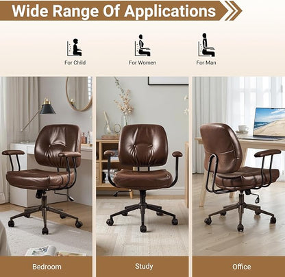 Ergonomic Home Office Chair, Mid-Century Faux Leather Home Office Desk Chairs with Wheels, Office Computer Chair with Rocking Swivel (Coffee,PU Leather)