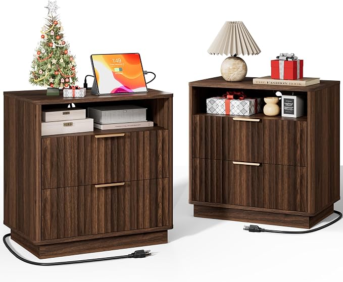 Fluted Nightstand, Night Stand Set 2, 23" Wide Walnut Nightstands Set of 2 with Charging Station, 2 Drawers Wooden End Table w/Storage, Large Modern Bedside Table for Bedroom,Curved Corners
