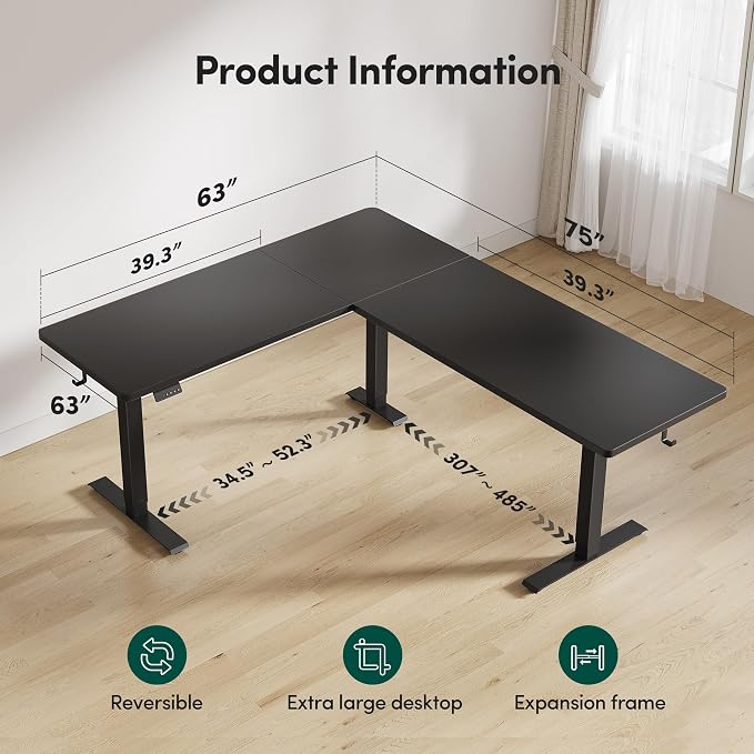 BANTI L-Shaped Standing Desk - 75 x 63 Inch Adjustable Corner Standing Desk with Charging Station - L Shape Sit Stand Table with Memory Controller, Splice Board for Home Office, Black
