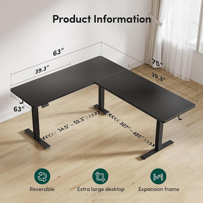 BANTI L-Shaped Standing Desk - 75 x 63 Inch Adjustable Corner Standing Desk with Charging Station - L Shape Sit Stand Table with Memory Controller, Splice Board for Home Office, Black