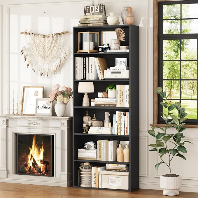 FOTOSOK 6-Tier Open Bookcase and Bookshelf, Freestanding Display Storage Shelves Tall Bookcase for Bedroom, Living Room and Office, Black Set of 2
