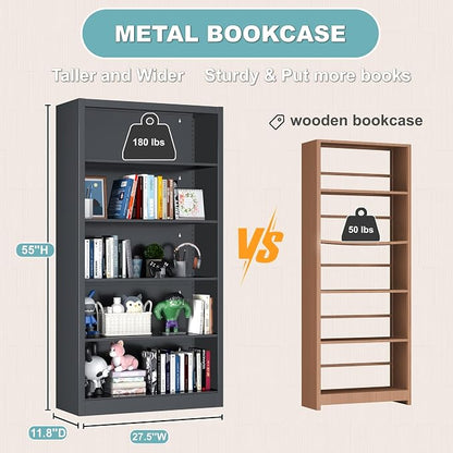 OSEILLC 5 Tier Bookcase, 55" Tall Heavy Duty Metal Bookshelf, Free Standing Bookcase with Back Panel & 4 Adjustable Storage Shelves, Open Display Shelf for Bedroom Living Room Home Office (Black)