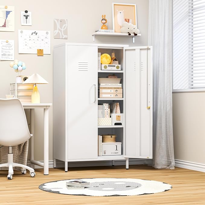 pozdeg 47.24" Metal Storage Locker with Lockable, Employees Metal Steel Locker with 2 Door ＆ 3 Adjustable Shelves, Small Locker Storage Cabinets for Home, School, Office, Gym (White)