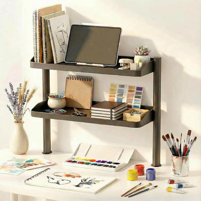 Clamp on Desk Shelf, 17in 2-Tier Office Desk Shelves Organizer, Small Shelf for Top of Desk with Headphone Holder and Hooks, Desktop Storage Rack for Home Workspace, Study Rooms, Gaming Accessories