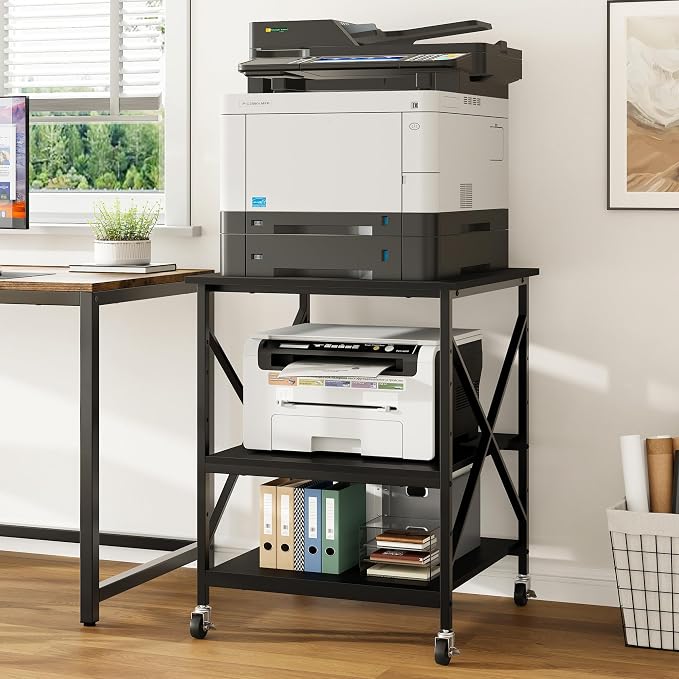 Warmiehomy 24"x24"x30" Large Printer Stand with Storage, 3 Tier Rolling Printer Cart Table, Mini Fridge Stand with Wheels, Use for 3D Laser Printer Home Office, Black