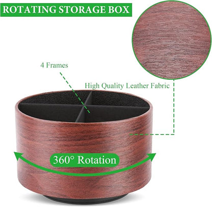 Round Leather Art Supply Organizer,Remote Control Holder,360 Degree Spinning,Multi-Functional Pencil Holder,4 Compartments Desktop Stationary Organizer(1-Light Brown2)