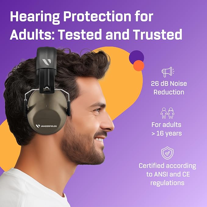 Vanderfields - Hearing Protection Ear Muffs - Over 31 dB (2K Hz) Broad Noise Cancelling Sound Reduction - Adults & Teens