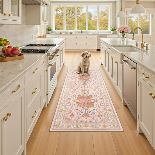 RELEANY Area Rugs Runner 2'x5' Washable Non-Slip, Floral Vintage Distress Medallion Carpet for Kitchen Hallway Bedroom Beside Laundry Room Bathroom, Light Pink Colorful