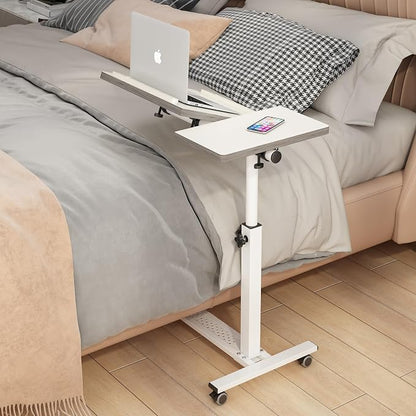 TigerDad Over Bed Table with Wheels Adjustable | Rolling Laptop Table Overbed Desk Hospital Tray Table Sofa Chair Side Table for Home Office (White)