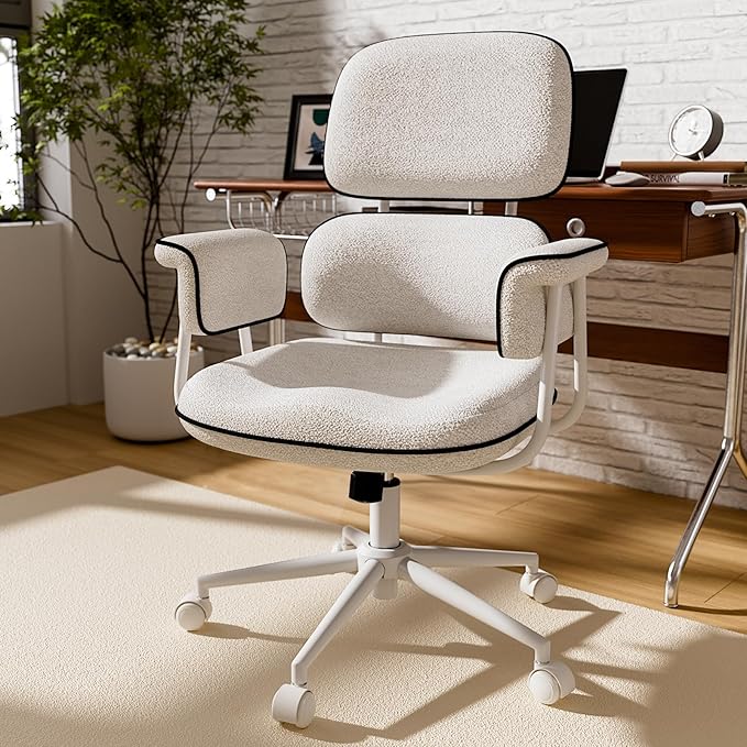 HomeZeer White Office Chair, Memory Foam Seat Mid Century Modern Desk Chair | 3.9" Sloped U-Shaped Memory Foam Cushion, Granular Linen Fabric, Lumbar Support, 1.2mm Sturdy Metal Tube, 400LBS Capacity