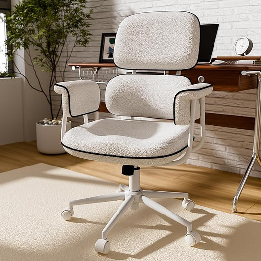 HomeZeer White Office Chair, Memory Foam Seat Mid Century Modern Desk Chair | 3.9" Sloped U-Shaped Memory Foam Cushion, Granular Linen Fabric, Lumbar Support, 1.2mm Sturdy Metal Tube, 400LBS Capacity