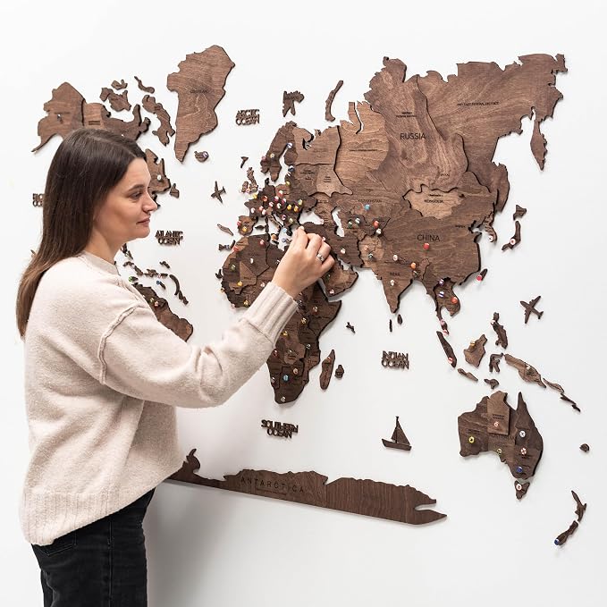 Enjoy The Wood 3D Wooden World Map Wall Art - Large Travel Map with Pins for Art Decor - Decorative Map of the World for Home, Office - Travel Wall Art Housewarming Gift Idea (Dark Walnut, 3XL, Unframed)