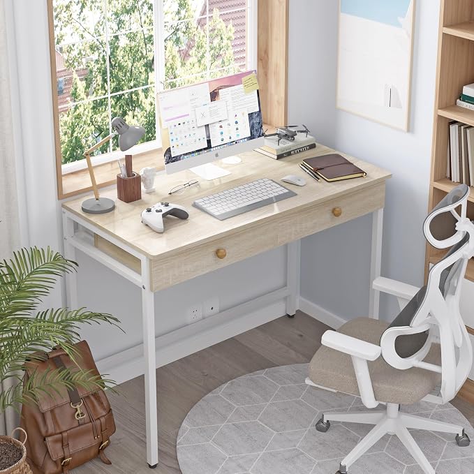 Weehom Computer Desk with Drawers, Home Office Desk for Writing, Studying, and Gaming - Sturdy and Spacious Workstation for PC and Laptop(Beige)