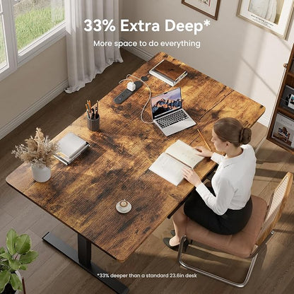 HLDIRECT 55" Electric Standing Desk with Outlets & 2 Drawers, Rustic Brown | 31.5" extra-wide desktop, 176lb, 28.35"- 46.06" height range, 3 memory presets, home office ergonomic workstation