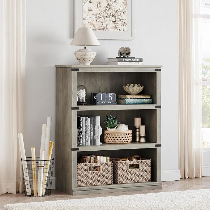 GarveeHome 3 Tier Farmhouse Bookcase, 39.9 in Tall Book Shelf with Storage, Wooden Bookshelves 3 Shelf Display Shelvesfor Home Office, Living Room, Bed Room (Grey, 39.9 in H x 31.5 in W x 12.8 in D)