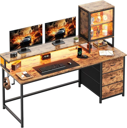 DurayLoly Computer Desk, 55" Desk with Cabinet to Display & RGB Light, Home Office Desks with 3 Drawers for Small Space, 2 AC Power Outlets and 2 Ports, Monitor Stand for Student Bedroom, Brown