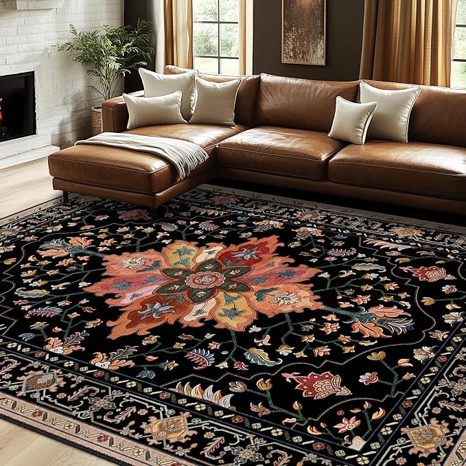 RELEANY Area Rugs 7'x10' Washable Non-Slip, Floral Vintage Distress Medallion Carpet for Living Room Bedroom Dining Room, Black Colorful Floral Dark Tan