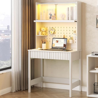 Lvifur 31.5" Small Study Desk with - Glass Doors,Computer Desk w/Charging Station and LED Reading Lights,Compact Writing Desk with Drawers,Writing Home Office Desks for Small Spaces Bedroom,White