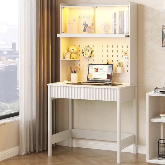 Lvifur 31.5" Small Study Desk with - Glass Doors,Computer Desk w/Charging Station and LED Reading Lights,Compact Writing Desk with Drawers,Writing Home Office Desks for Small Spaces Bedroom,White