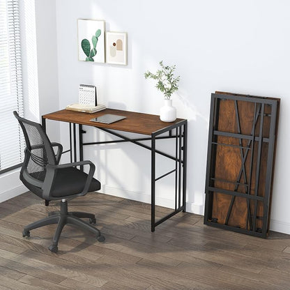 Lutown-Teen 35 inch Folding Small Desk, Writing Gaming Computer Camping Desk for Small Spaces, No Assembly Required Home Office Table, Mahogany