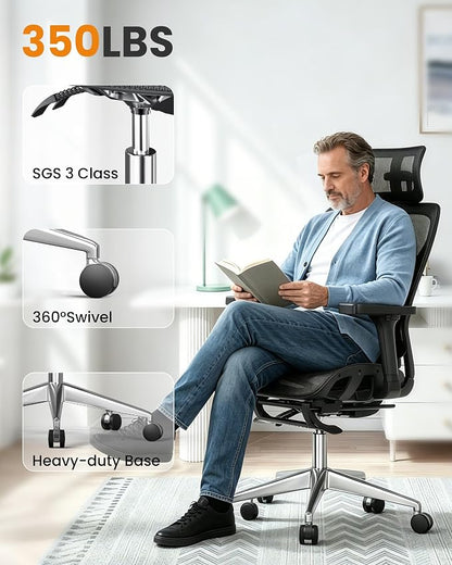 naspaluro Ergonomic Office Chair, High Back Mesh Desk Chair, 350lbs Capacity, Lumbar Support, 3D Armrest Headrest, Footrest, PU Wheels, Swivel Computer Chair for Home Office, Work & Gaming