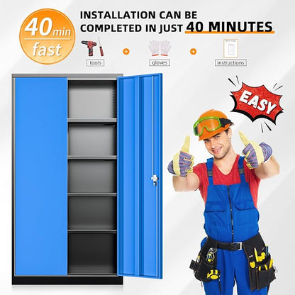 INTERGREAT Metal Storage Cabinet with Lock, 72" H Garage Cabinets with Doors and Adjustable Shelves, Lockable Metal Cabinets for Garage, Home, Office(Black-Blue)