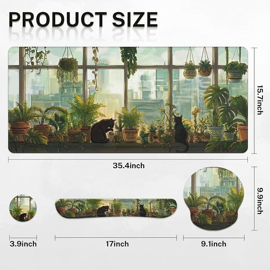 Britimes Cute Cat Keyboard Mouse Pad Set Green Plants 4in1 Large Mousepad+Keyboard Wrist Rest+Mouse Wrist Rest+Coaster Ergonomic Design for Home Office Computer 35.4x15.7 inches