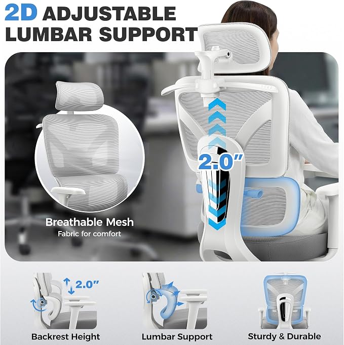 Office Chair, Ergonomic Office Desk Chair with Lumbar Support, Breathable Mesh Back & Thick Seat Cushion, High Back Office Desk Chairs Comfy for Home Office, Gray, Upgrade