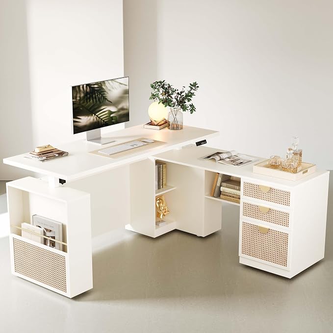 ModernMate 63" Standing Desk with File Cabinet, Privacy Panel, AC/USB, 1.18" Desktop, Executive L Shaped Height Adjustable Desk, Electric Stand Up Table with 3 Drawers, White Rattan