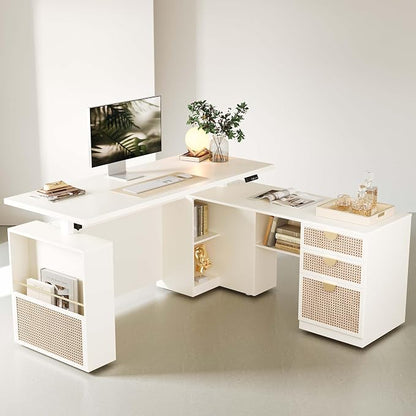 ModernMate 63" Standing Desk with File Cabinet, Privacy Panel, AC/USB, 1.18" Desktop, Executive L Shaped Height Adjustable Desk, Electric Stand Up Table with 3 Drawers, White Rattan
