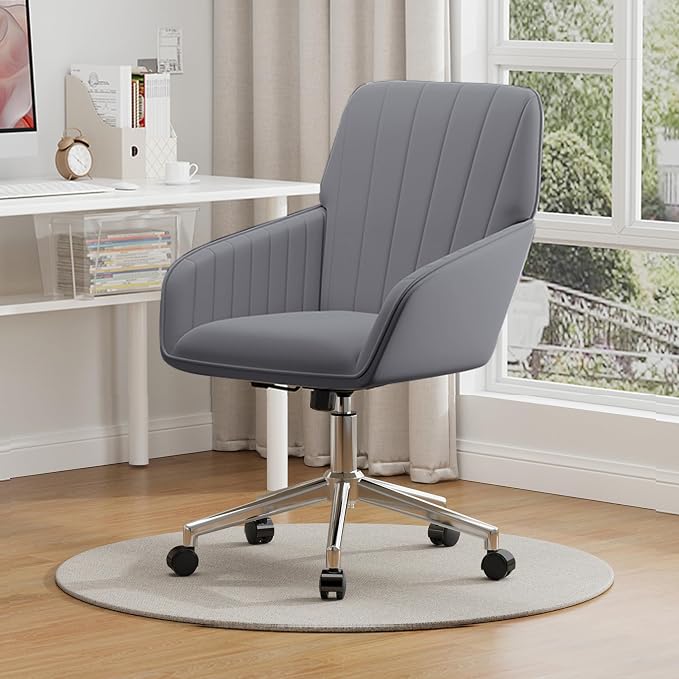 YISHENG Velvet Office Desk Chair with Silver Base, with Wheels,Modern Height Adjustable 360 Degree Swivel Upholstered Vanity Chairs with Arms for Living Room Bedroom,Gray