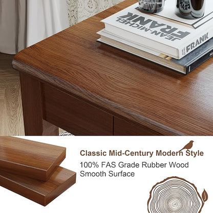 100% Solid Wood Desk with Drawers 47 Inch Mid Century Modern Desk Vintage Writing Wooden Desks for Small Spaces Bedroom, Living Room, Office