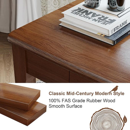 Solid Wood Desk with Drawers - 28 x 16 Inch Simple Narrow Desks, Rubber Wood Study Table, Small Writing Desk for Small Spaces|Bedroom - Natural Boho Desks