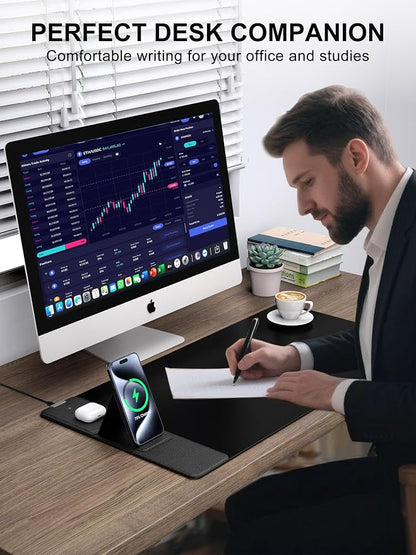TopMade 4-in-1 Mouse Pad with 15W Wireless Charging, Foldable Phone Holder, 31.5" x 15.75" XXL Large Desk Pad, Gaming Mousepad with Ultra-Smooth Surface, Non-Slip Base, Waterproof Desk Mat, Black