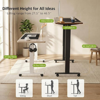farexon Electric Standing Desk Adjustable Height, 55 x 24 Inch Stand up Desk with Large Mouse Pad, Rolling Wheels & Foot Pad,27''-46'' Lifting Range Home Office Computer Desk(Oak Gray)