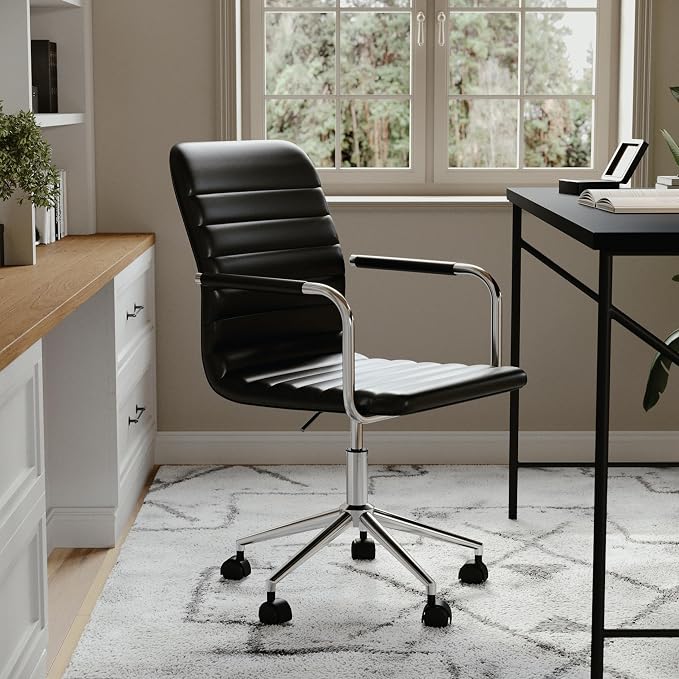Martha Stewart Taytum Swivel Task Chair with Armrests for Home Office in Black Faux Leather with Polished Nickel Frame