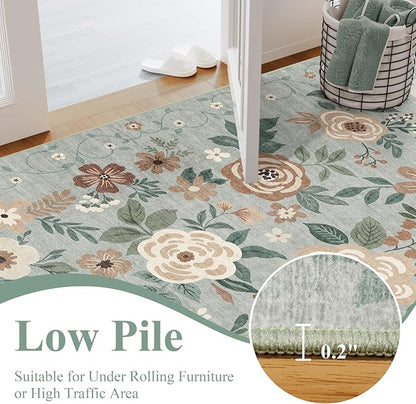 DUKINO 2x6 Runner Rug for Hallway, Washable Kitchen Runner Rug with Non Slip Backing, Low Pile Soft Boho Floral Runner for Kitchen, Hallway, Entryway, Laundry, Bedroom, Sage Green
