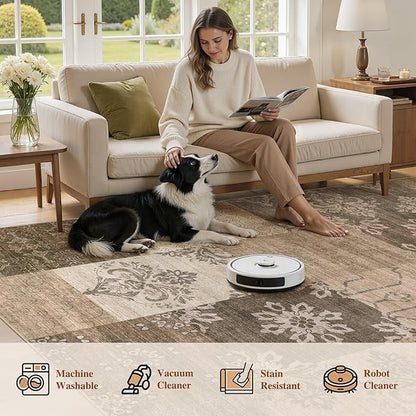 UERMEI 5x7 Area Rug for Living Room, Washable Brown Modern Geometric Patchwork Non Slip Stain Resistant Low Pile Foldable Carpet for Bedroom Dining Farmhouse Home Office
