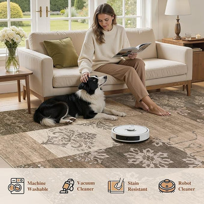 UERMEI 8x10 Area Rug for Living Room, Washable Brown Modern Geometric Patchwork Non Slip Stain Resistant Low Pile Foldable Carpet for Bedroom Dining Farmhouse Home Office