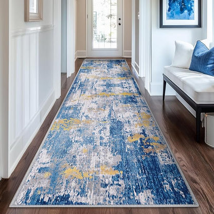 RELEANY Washable Area Rugs 2'x6' Non-Slip Modern Abstract Soft for Living Room Entryway Bedroom Kitchen, Print Pattern, Grey Blue Gold/Golden