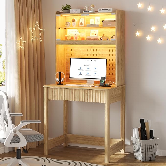 Lvifur Compact Writing Desk with LED Reading Lights (Natural86023)