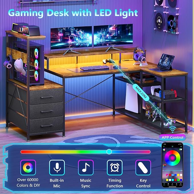 YOMILUVE L Shaped Gaming Desk with Drawers & Storage Shelves, Corner Gaming Desk with Power Outlets & LED Light, Reversible Computer Desk with Monitor Stand & Hooks, Rustic Brown