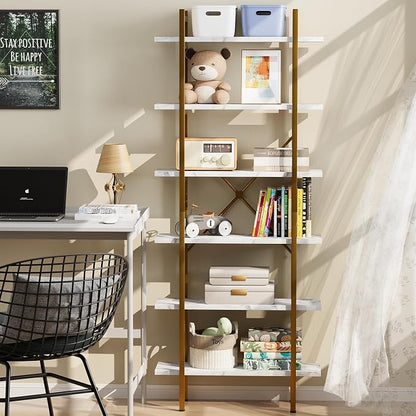 6 Tiers Bookshelf Organizer White Faux Marble Shelf,Modern Open Display Storage Bookcase, and Metal Bookshelf Standing Storage Shelf Tall Shelving Units for Home Office Study