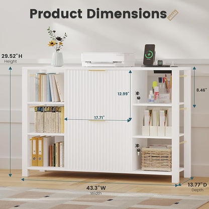 File Cabinet for Home Office, Fluted Filing Cabinet with 2 Drawers Fit Letter/Legal/A4 Folders with Tabs, Printer Stand with Lock & 2 Power Outlets, 6 Shelves (Set of 2, White)