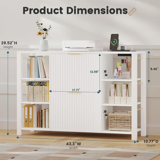 File Cabinet for Home Office, Fluted Filing Cabinet with 2 Drawers Fit Letter/Legal/A4 Folders with Tabs, Printer Stand with Lock & 2 Power Outlets, 6 Shelves (Set of 2, White)