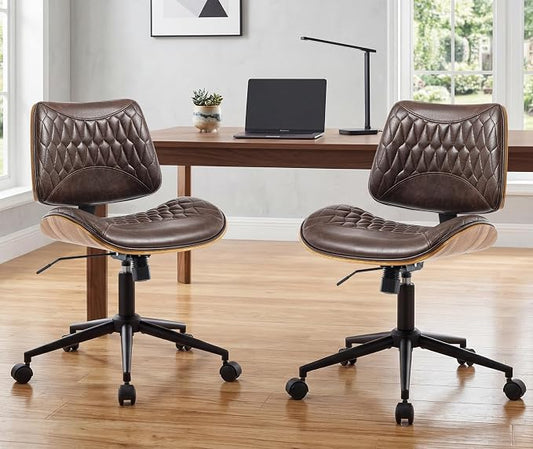 Walnut Bentwood Mid Back Armless Office Chair 2 Pack, Adjustable Height PU Leather Swivel Desk Chair with Wheels, Rolling Computer Task Chair for Home Office, Study, Meeting Room